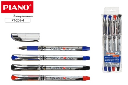 Ручки шариковые цветные. PIANO. Набор 4 шт. 4 цв. На масляной основе. Пластик.корпус с рисунком.