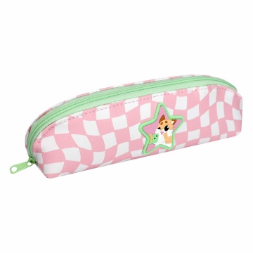 Пенал-косметичка (200*65*55) молния, кожзам "Котик с телефоном" резиновая нашивка