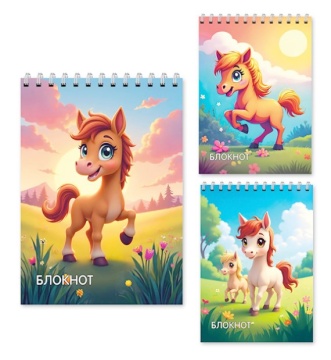 Блокнот А6, 40 л., КРАСИВЫЕ ЛОШАДКИ. Обложка картон, блок офсет, клетка, на спирали, ассорти 3 дизайна