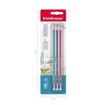 Чернографитный трехгранный карандаш с ластиком ErichKrause Sonata HB (в блистере по 3 шт.)