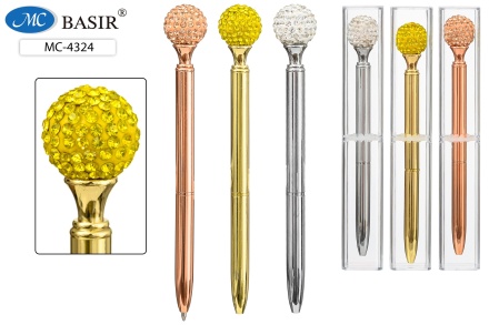 Ручка металлическая с поворотным механизмом. В прозрачном пластиковом футляре. Цветной корпус, золото, серебро, бронза. С крупным шаром в стразах