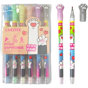 Набор ручек шар. deVENTE.Meow Paw". 6цв, 0,7мм, колпачок в виде кошачьей лапки, блистер