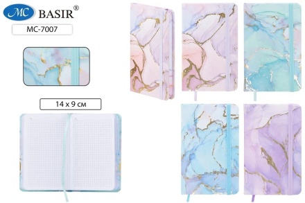 Ежедневник: "МРАМОР"; обложка-цветная, рисунок-под мрамор с золотым тиснением .ассорти., внешняя сторона блока цветная; блок-клетка 1 офсет (прошитый), на резинке, 80 листов; 14*9 см.