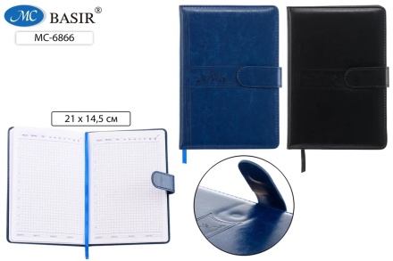 Ежедневник: материал-кожезаменитель, 2 цвета, застёжка на магните, горизонтальная полоса с рисунком, справочная информация; блок-1 офсет, клетка; 116 листов, 14,5*21 см.