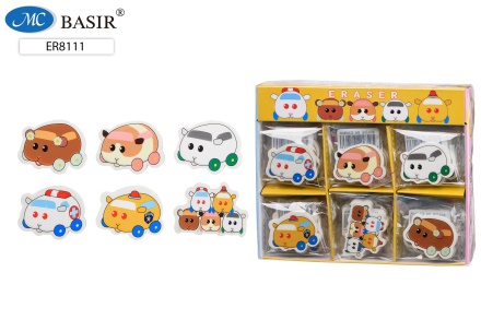 Ластик "МАШИНКИ-зверюшки". 4,6*3,5 см. Мягкий, фигурный белый с рисунком. Ассорти
