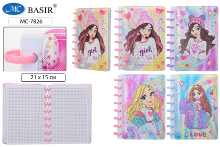 Блокнот-ежедневник: детский "ДЕВОЧКА"; на больших кольцах, обложка с поролоном, блок клетка, 80 листов, размер 15*21 см.
