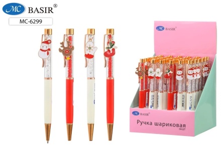 Шариковая ручка с поворотным механизмом; с подвеской-НОВОВЫЙ ГОД .олень, спог, снеговик...; комбинированный корпус-нижняя часть корпуса -цветная, прозрачная часть корпуса с наполнителем-стразы, цвет чернил-синий.