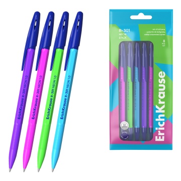 Набор из 8 ручек шариковых ErichKrause R-301 Stick Neon 1.0, цвет чернил синий (в пакете)