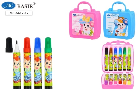 Фломастеры. Набор 12 шт. "МЫШКИ". Цв.корпус с рисунком. 8,2 см. Вентилир.колпачок, пласт.чемоданчик