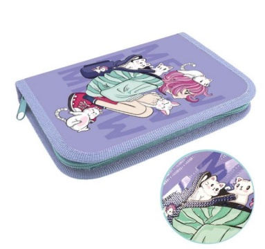 Пенал 1 отд. с 1-ой откид.пл. (190*130*27) молния, лам.картон "Котята с девочкой"