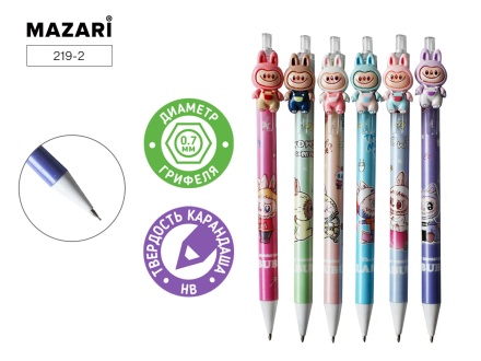 Карандаш автоматический черногр. ЗУБАСТИК (Лабубу), грифель  0.7мм, НВ. Ассорти 6 дизайнов