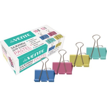 Зажим д\бум. мет. цветные deVENTE Pastel 19мм., 12шт/уп.