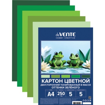 Картон цв. А4  5цв. 5л. тонированный, двусторон.., пл. 250 гр/м2, оттенки зеленого цвета