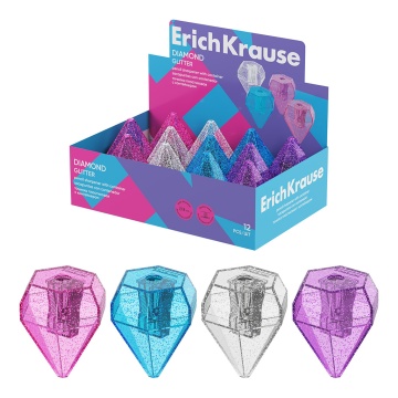 Точилка пластиковая ErichKrause Diamond, Glitter, с контейнером, ассорти (в коробке-дисплее по 12 шт