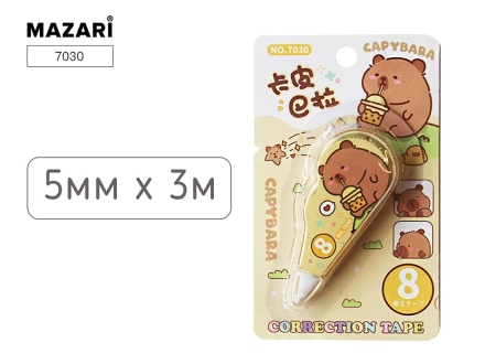 Корректирующая лента-роллер КАПИБАРА, 5мм x 3м, 3 дизайна  корпуса в ассортименте, блистер
