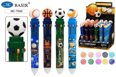 Ручка шар. многоцв.10-ти цветная, "Спорт"