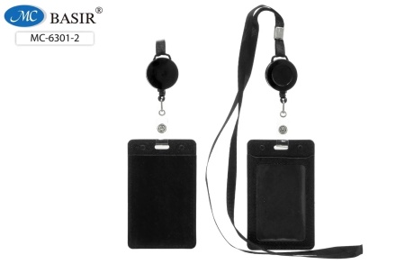 Бейджи для пропусков, проездных: кожзам, цвет чёрный, со шнурком и рулеткой-ретрактором с вытяжной нитью, два карманчика, размер 10,5*6,5см.