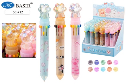 Авторучка 10-ти цветная: "ЛАПКИ"; детская; цветной корпус с рисунком