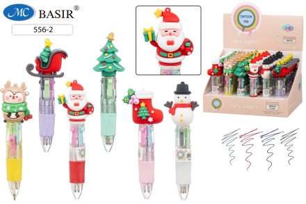 Авторучка - МИНИ: 4-х цветная: детская; "НОВОГОДНИЕ"; мини-корпус .10 см. с цветным резиновым держателем; 0,5 mm.