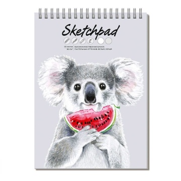 Скетчпад А4  40л., гребень,  80гр/м2 "Коала с арбузом" тв.обл., серая бумага