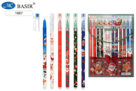 Ручка со стираемыми чернилами гелевая: "НОВОГОДНИЕ"; яркий, цветной корпус с рисунком .ассорти.; толщина пишущего наконечника-0,5 mm; цвет чернил-синий.