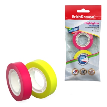 Набор из 2 клейких лент ErichKrause Highlighter, 12ммх20м, полупрозрачная, цветная, ассорти (в пакет