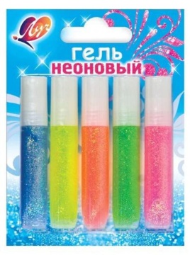 Гель цветной с блестками  5цв*5мл., Неоновый (алый, зеленый, желтый, розовый, голубой)