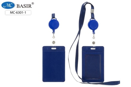 Бейджи для пропусков, проездных: кожзам, цвет синий, со шнурком и рулеткой-ретрактором с вытяжной нитью, два карманчика, размер 10,5*6,5см.