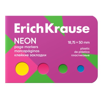 Клейкие закладки пластиковые ErichKrause Neon, 18.75x50 мм, 100 листов, 4 цвета, в картонной книжке