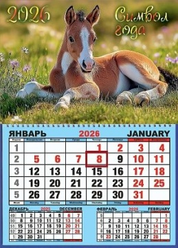 Календарь настенный 310*420мм на 2026г. ОДНОБЛОЧНЫЙ с курсором и календ.сеткой "Жеребёнок"