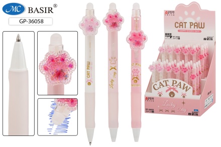 Ручка гелевая, автоматич. Стираемая. "ЛАПКИ". Бело-розовый корпус с рисунком. 0,5 mm. Синяя