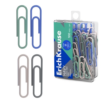 Скрепки металлические с виниловым покрытием ErichKrause Navy, 28мм, ассорти  (в пластиковой коробке