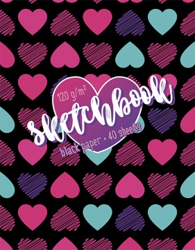 Скетчбук А6  40л., гребень, 120гр/м2 "Сердечки" черная бумага