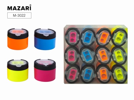 Точилка пластиковая DRUM, 2 отверстия для заточки, 4 цвета, с контейнером для стружки, ПВХ-банка