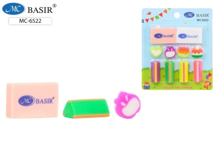 Ластик: "АССОРТИ"*; цветной, различной формы .4,7, 2,7, 1,
7 см., в блистере на картонной подложке .12*10 см. по 10 штук.