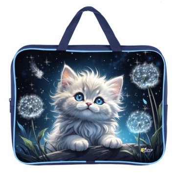 Папка А4 (350*265*80) с ручками, молния, ткань "Котик в одуванчиках"