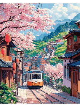 Картина по номерам на холсте 40*50см "Трамвай среди сакур"