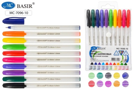 Ручки шариковые. На масляной основе. Белый треугольный корпус. 1 mm. 10 цв.