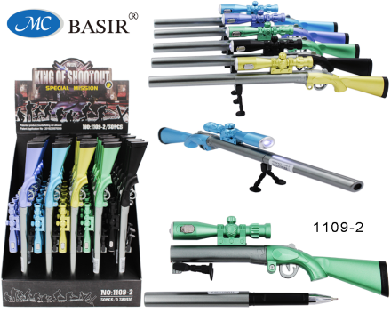 Ручка шариковая с чернилами на масляной основе "РУЖЬЁ";  цветной корпус .ассорти., длина корпуса 22,5 см., колпачок выполнен в форме ружья ,прицел-фонарик, цвет чернил-синий,0,38 mm.