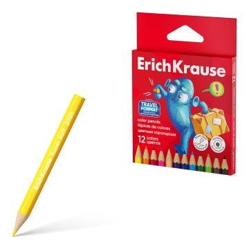 Цветные карандаши деревянные ErichKrause Jolly Friends мини шестигранные, грифель 3 мм, 12 цветов (в