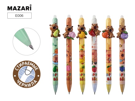 Ручка гелевая автоматич, стираемая. CAPYBARA. 0.5мм, термочувств.чернила, цв.пластик.корпус, 6 дизайнов. Синяя