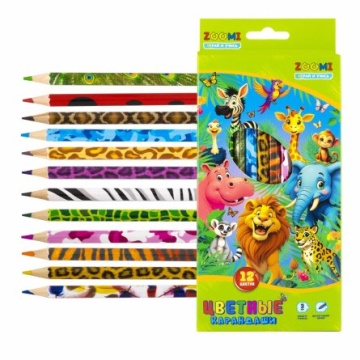 Карандаши цветные Zoomi 12 цв., "ZOO. Джунгли" деревянные, шестигранные, заточенные, дизайн на корпусе, грифель 3.0 мм, картон. уп., европодвес