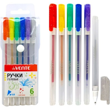 Набор гелевых ручек deVENTE 6цв." Hit Glitter" 0,5мм, с блёстками, прозрачно-матовый корпус