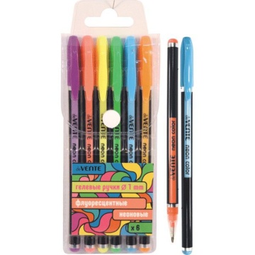 Набор гелевых ручек deVENTE 6цв. "Neon Black" 1мм, черный корпус, чернила НЕОН