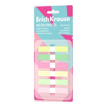 Клейкие закладки пластиковые ErichKrause Neon+Pastel, 45х8 мм, 120 листов, 6 цветов (в диспенсере)