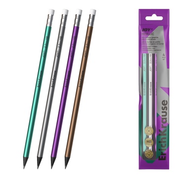 Набор из 4 чернографитных карандашей пластиковых ErichKrause JOY Metallic, круглых, с ластиком, HB