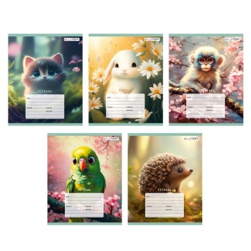 Тетрадь 12л клетка мелов "Зверушки" ассорти (5диз) 60г.м2