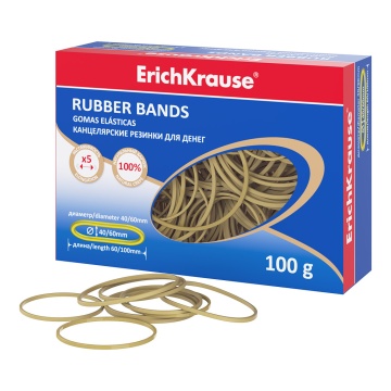 Канцелярские резинки для денег ErichKrause диаметр 40 мм, 60 мм/длина 60 мм,100 мм, натур.цвет (в ко