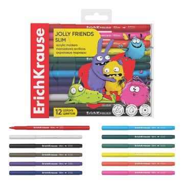 Цветные маркеры акриловые ErichKrause Slim Jolly Friends с пулевидным наконечником 12 цветов (в ПЭТ-