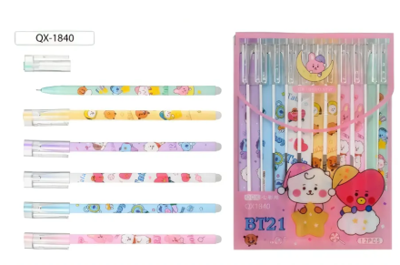 Ручка гелевая, стираемая. "Сердечки и зверюшки". BT21. Корпус цветн.с рисунком, ассорти. 0,5 мм. Синяя